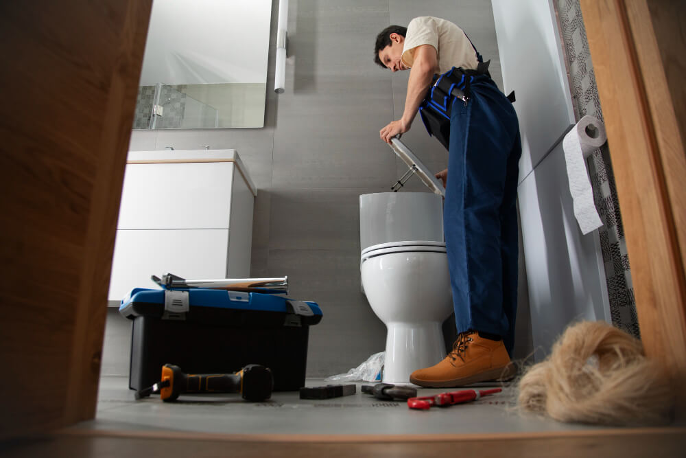 Plumber completing toilet installation Newcastle
