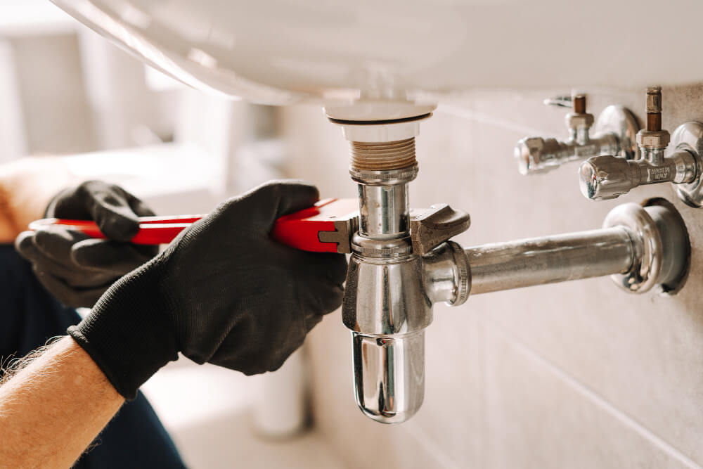 Professional plumber fixing pipes